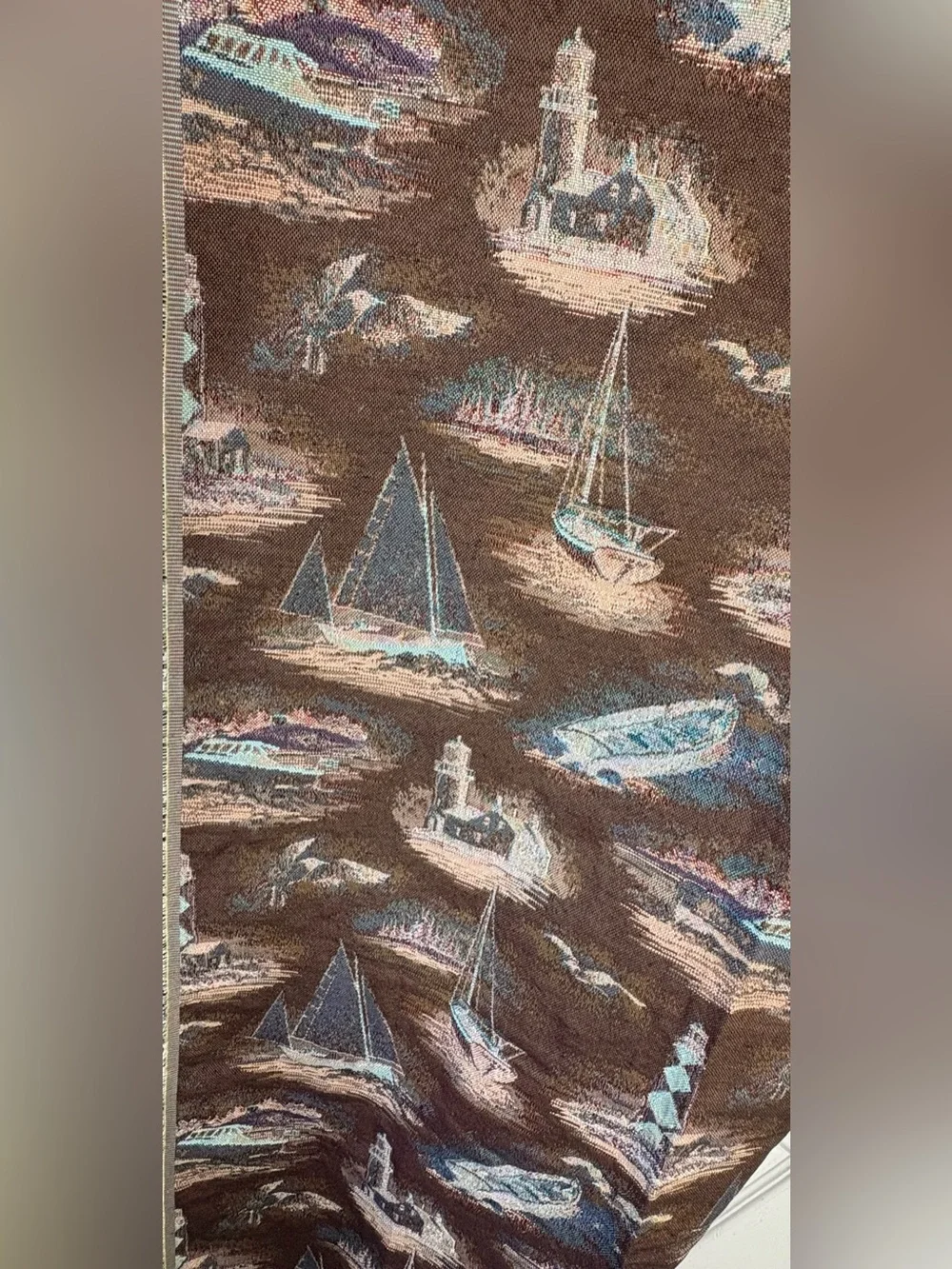 Vintage Jaccquard Nautical Sailing Lighthouse Tapestry Upholstery Fabric 60”x70”